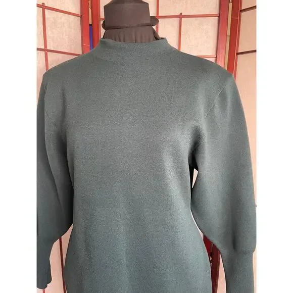 Express Dark Green Mock Neck Balloon Sleeve Knit Mini Sweater Dress Size Medium - Picture 4 of 9